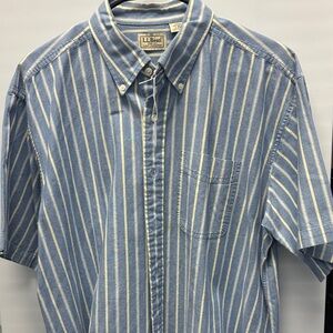 L.L. Bean Men's Blue and Cream Striped Button-Down Shirt